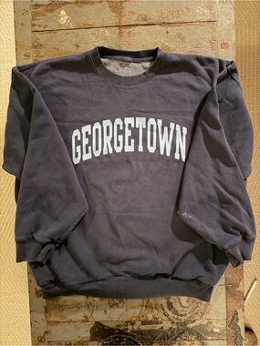 Brandy Melville Navy Crewneck with White 'GEORGETOWN' Logo and Pockets